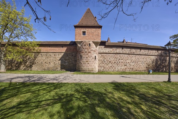 Old town, city fortification, city wall, defence defence tower, footpath, tree, lawn, lantern, blue