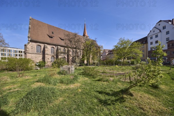 Edible city Jakobsplatz, St. Jakob, church, city garden, gardens, trees, general architecture, blue