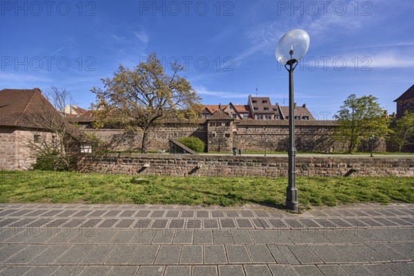 Lantern, pavement, old town, trees, meadow, city fortification, city wall, historic buildings, blue