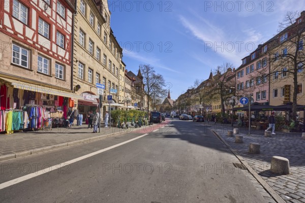 Old town, street, historic houses, half-timbered house, retail shops, fashion shop, trees,