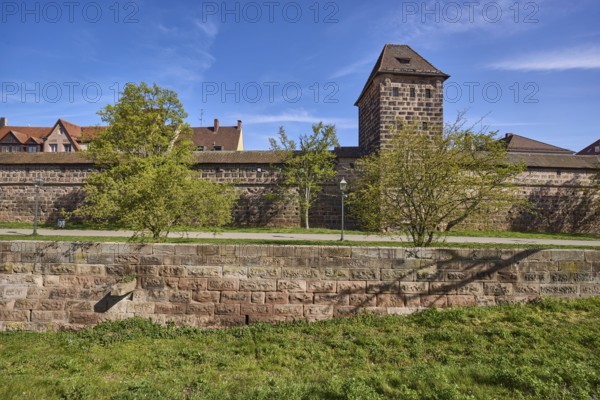 City fortification, city wall, defence defence tower, trees, meadow, historic buildings, blue sky,