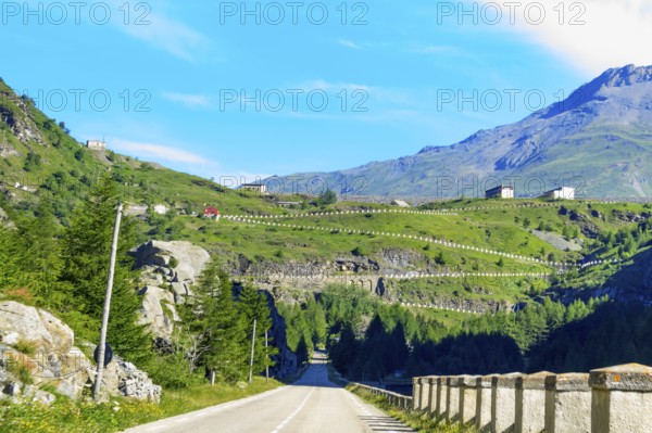 South ramp access road with hairpin bends on a steep slope to the Mont Cenis Pass Col du Mont Cenis