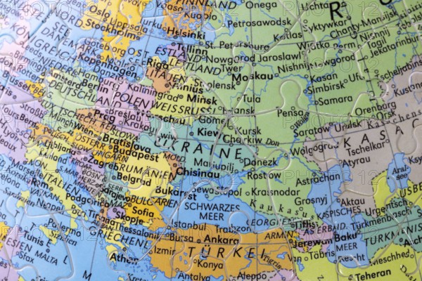 Puzzle globe. Map made from puzzle pieces. Russia. Ukraine, Crimea, Black Sea