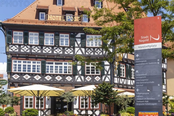 Town view of Nagold in the northern Black Forest. Half-timbered house Hotel Post on the suburban