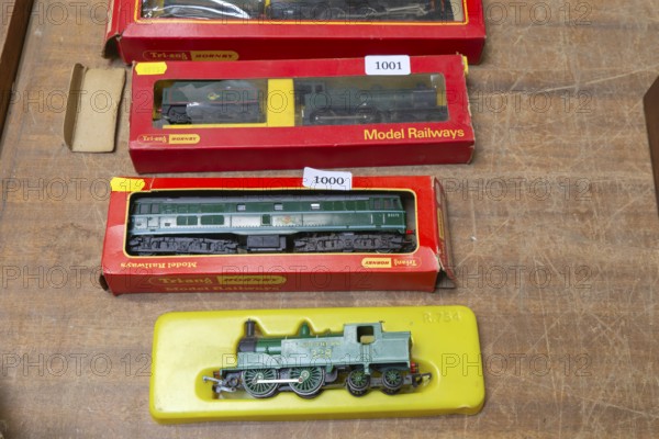 Tri-Ang Hornby model railways train set boxed items for sale on display at auction, UK