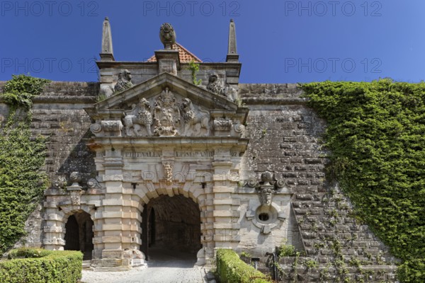 Fortress gate with coat of arms of Prince-Bishop Philipp Valentin Voit von Rieneck, Baroque,