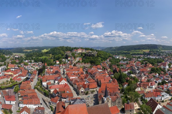 Aerial view, view over upper town, old town, behind Rosenberg fortress, Kronach, Upper Franconia,