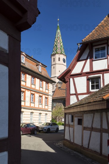 Iron lane with half-timbered houses and church tower of St. Maria am See, also known as Seekapelle,