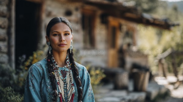 Beautiful and attractive native indigenous north american woman in first nation clothes in