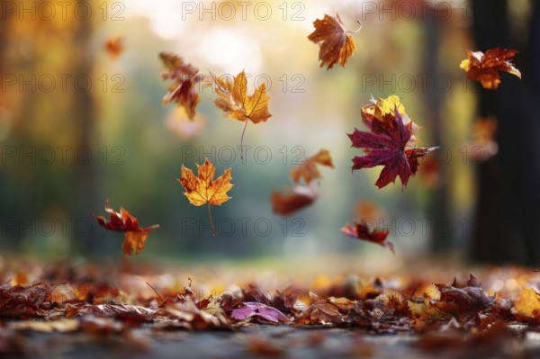 Colorful autumn leaves hanging in the air and falling to the ground. Red and orange autumn foliage,