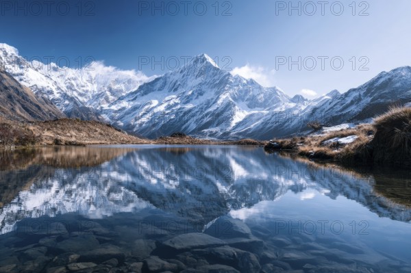 Alpine snow-peaked mountain landscape with trees reflecting in the water of pristine lake, AI