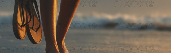 Bare feet tanned woman walking on a sunset beach and holding pair of sandals in her hand, AI