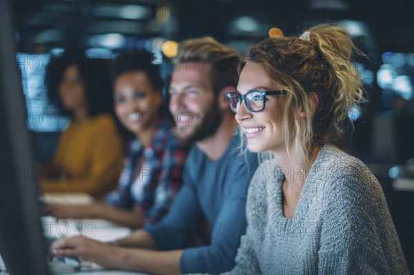 Diverse employees in corporate environment support center analyzing data and helping customers to