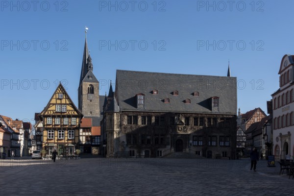 Historic town hall, behind it St Benedikti church, market square of the UNESCO World Heritage town,