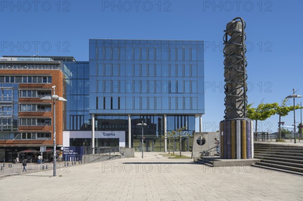 Modern office building Capita at Germaniahafen, museum harbour, Adam and Eve, sculpture by Björn