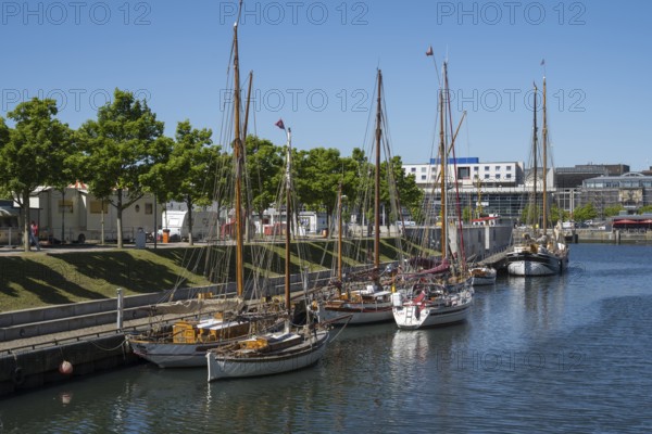 Sailing boats in Germaniahafen, museum harbour, Kiel, Kiel Fjord, Baltic Sea, Schleswig-Holstein,