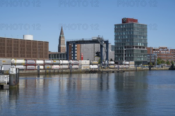 Modern commercial building at Schwedenkai, town hall tower, harbour, Kiel, Kiel Fjord, Baltic Sea,