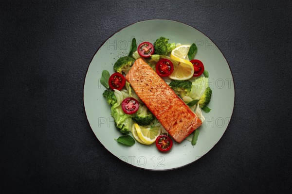 Grilled salmon fillet, with vegetables, broccoli, cherry, iceberg lettuce, spices and herbs,
