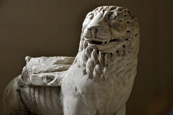 Lion as column base, stone figure, sculpture, ancient Etruscan sculpture, Museum of the Benedictine