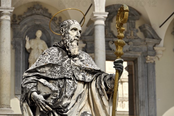 Statue of St Benedict of Nursia by sculptor P. Campi of Carrara, Bramante Cloister, Benedictine
