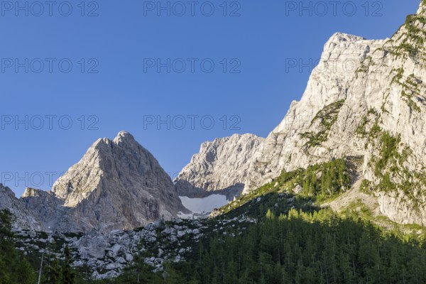 Blue ice glacier in the middle of Blaueisspitze, Hochkalter and Rotpalfen, Berchtesgaden Alps,