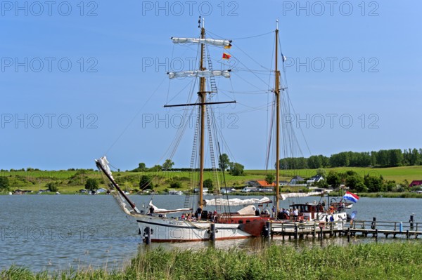 Sailing schooner Weisse DÃ¼ne at the jetty in the Achterwasser, Neppermin, Usedom Island,