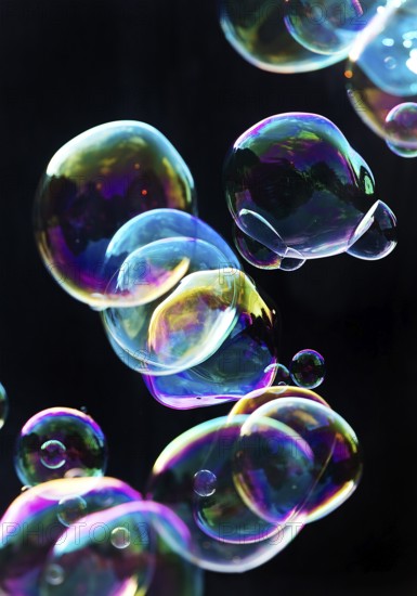 Iridescent soap bubbles in the colours of the rainbow against a black background, Recklinghausen,