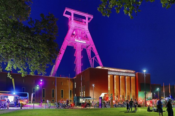 People in front of the German Mining Museum for the Extra Shift at night, Bochum, Ruhr Area, North