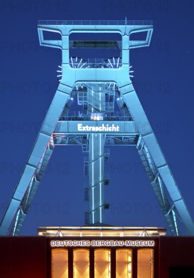 Illuminated headframe of the German Mining Museum at Extraschicht, Bochum, Ruhr area, North