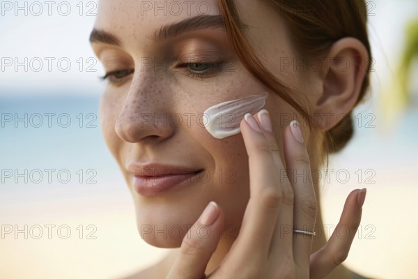 Young woman applying sunscreen on her cheek. Beach portrait capturing sun care and summer serenity.