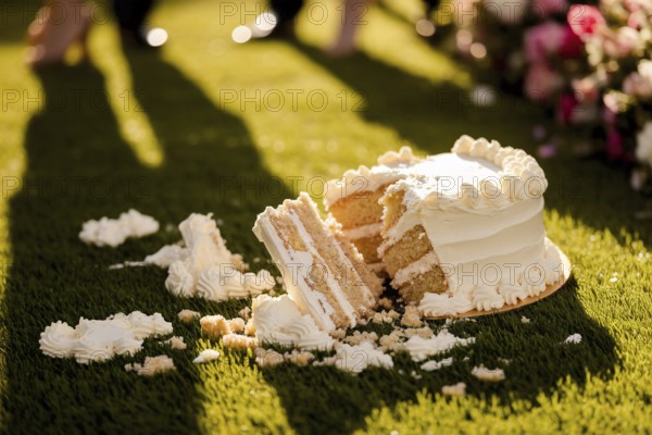 Broken wedding cake lies in disarray on lush green lawn in warm golden sunlight. Generative ai, AI