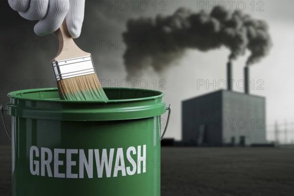 Gloved hand stirs Greenwahs paint in front of gray smoking factory. A stark critique of corporate