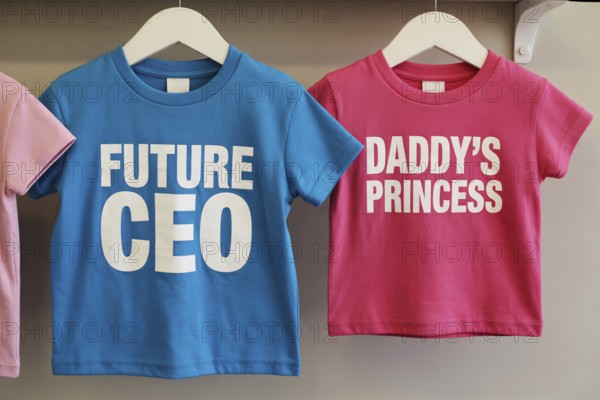 Pink and blue children's shirts with stereotypical CEO and princess text, highlighting early gender