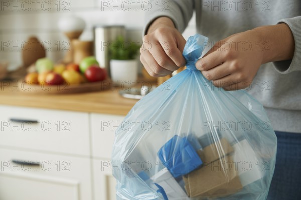 A person tying up a garbage bag in a home kitchen as part of daily waste disposal. Generative ai,