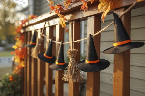 Halloween garland with tiny felt witches' hats and broomsticks on wooden porch railing decorated
