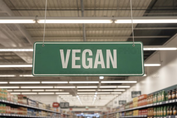 Green VEGAN ceiling sign marks location of plant-based foods in modern supermarket aisle.