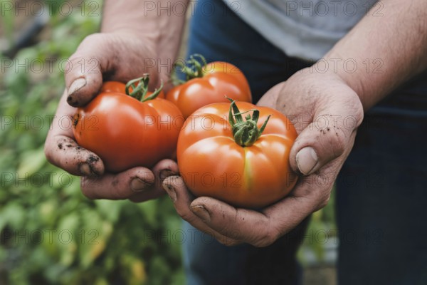 Farmer's hands holding freshly harvested tomatoes. Honest, traditional farming and natural produce.