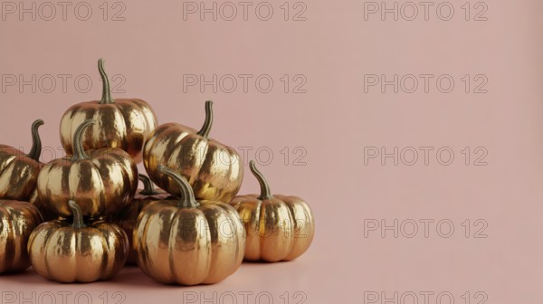 Metallic golden mini pumpkins arranged on pink background. Autumn harvest decoration banner with