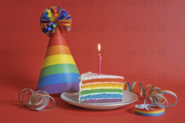 Rainbow birthday cake slice with rainbow party hat and streamers on bright red background.