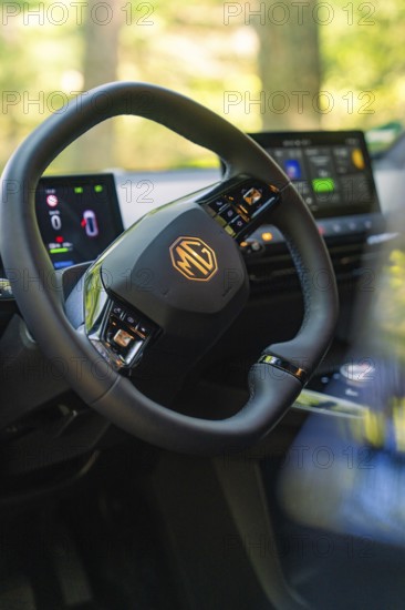 Modern tech displays and steering wheel in the car interior, forest and sunlight in the background,