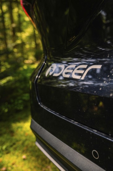 Close-up of the brand logo on the rear of a black car, surrounded by natural forest, MG 4, Deer E-