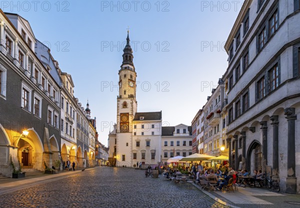 Night-time view of Untermarkt - Lower Market Square and the Old Town Hall Clock Tower, Görlitz,