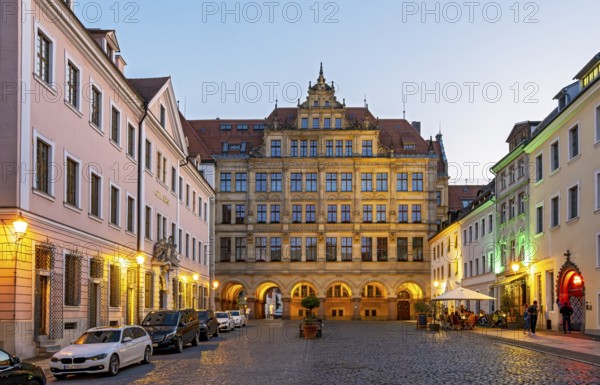View of the Lower Market Square and the New Town Hall of Görlitz by night, Goerlitz, Germany