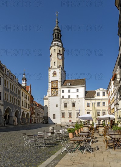 View of Untermarkt - Lower Market Square and the Old Town Hall Clock Tower, Görlitz, Goerlitz,
