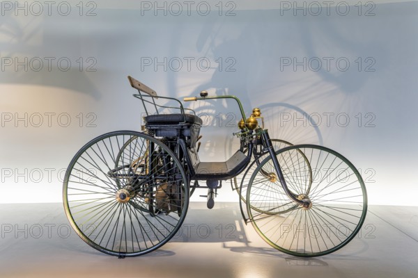 Daimler Motor-Quadricycle steel-wheeled carriage from 1889. The Mercedes-Benz Museum in Stuttgart