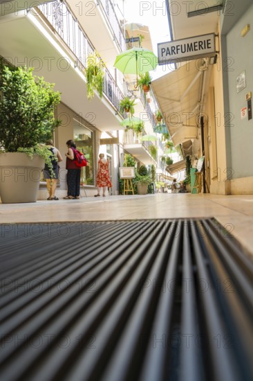 Frog's-eye view of a passageway with plants and umbrellas, Merano, South Tyrol, Italy