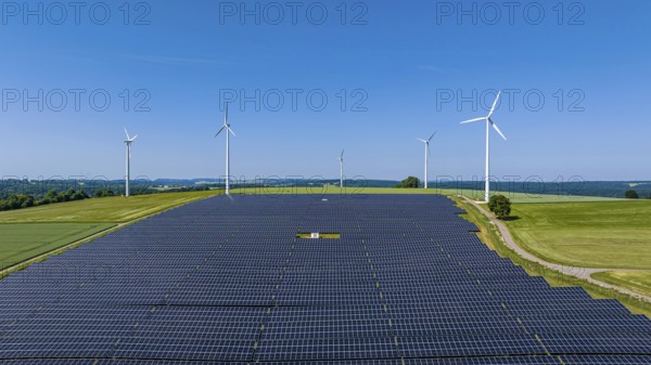 Landscape in the Swabian Alb near Amstetten. Wind farm and solar field. Amstetten,