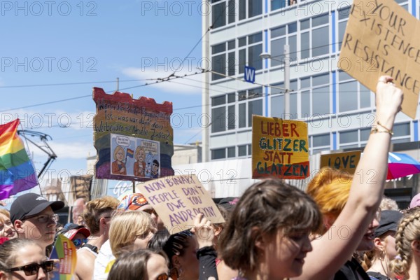Various signs at Christopher Street Day in Leipzig on 28 June 2025. While other CSDs are sometimes