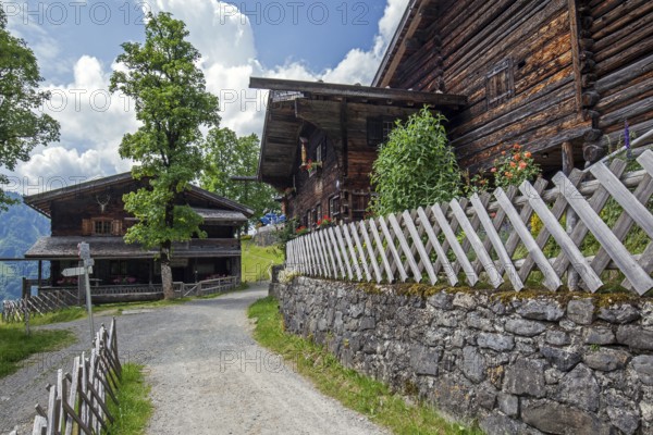 Old farmhouses in the historic mountain farming village of Gerstruben, Dietersbachtal, near
