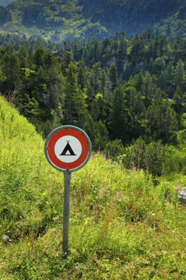 Prohibition sign Camping prohibited in the Alps on the Susten Pass, Switzerland